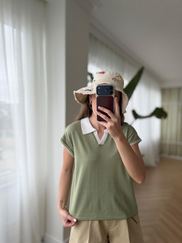Çizgili  Polo Yaka Yeşil Tshirt