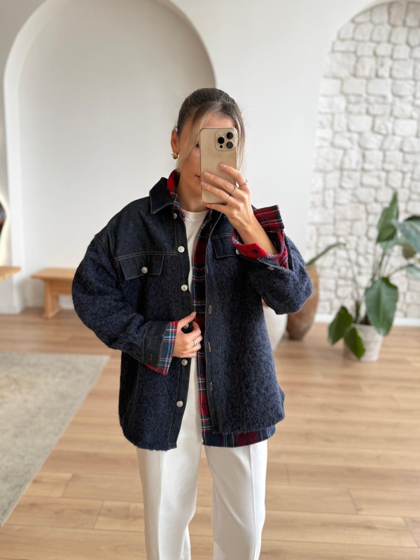Denim Garnili Buklet Ceket