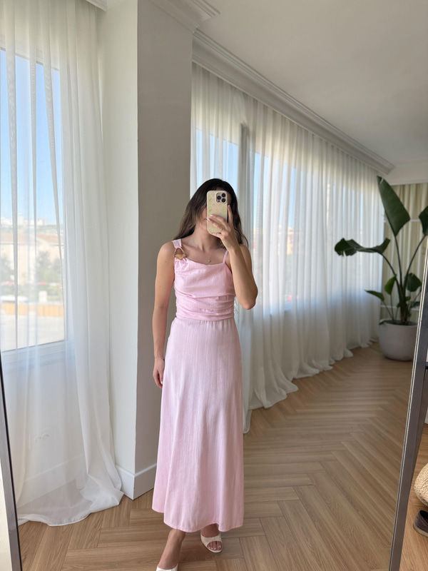 Drapeli Tokalı Pembe Elbise