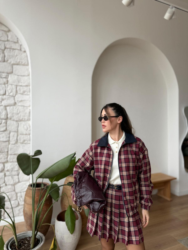 Ekose Desen Bordo Bomber Ceket