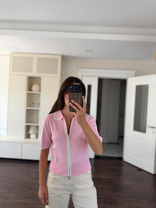 Fermuarlı Pembe Merserize Triko
