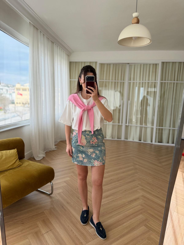 Floral Desen Mavi Etek