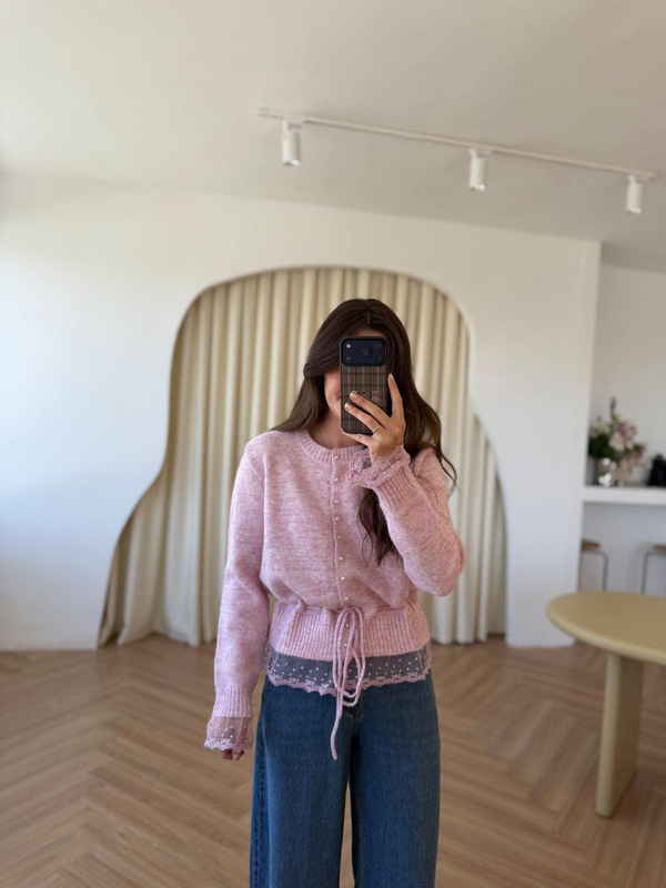 İnci Düğmeli Dantelli Pembe Hırka