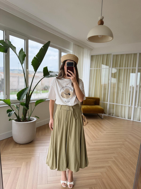 Kemerli Olive Midi Balon Etek