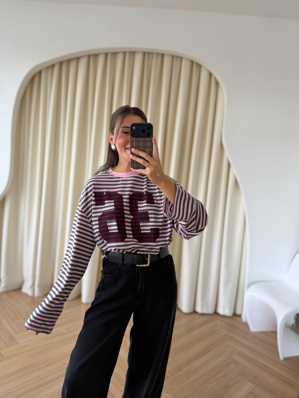 Pembe Gri Çizgili Sweat
