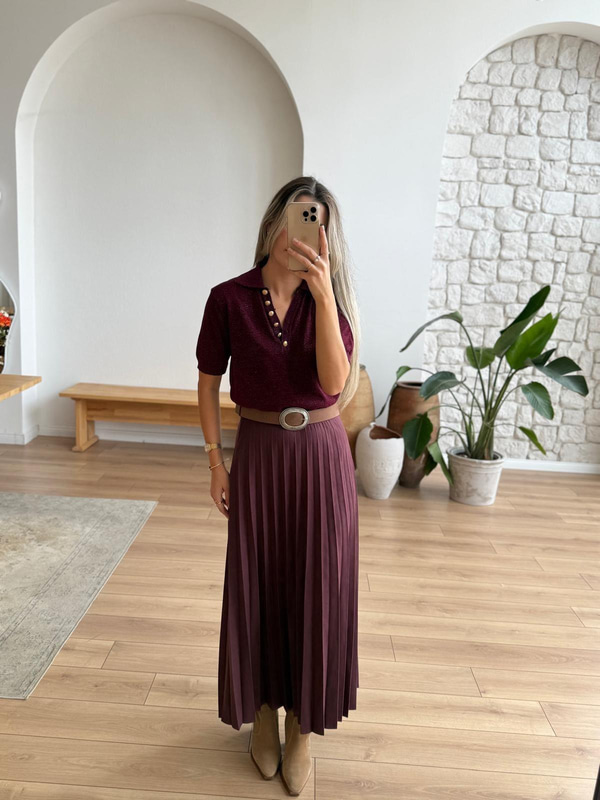 Piliseli Bordo Süet Etek