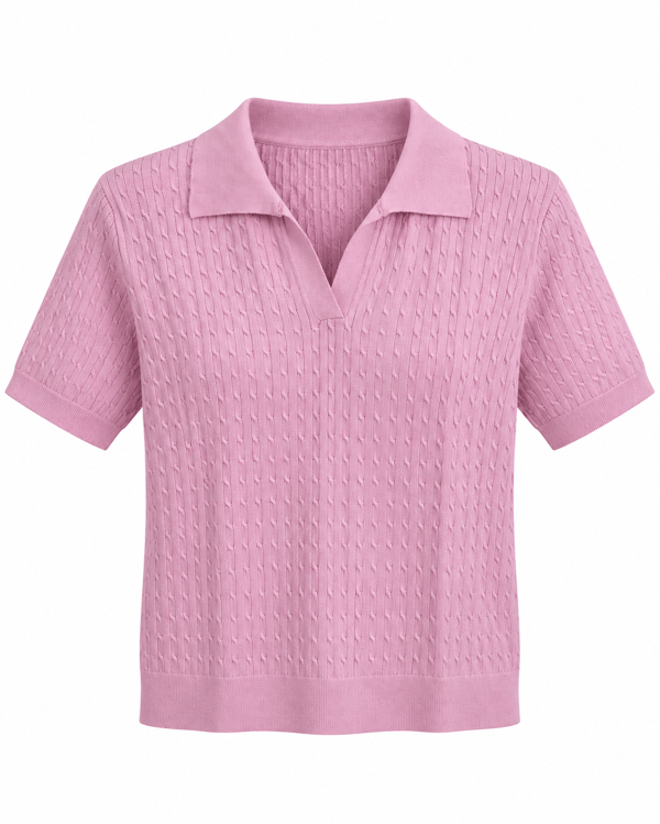 Polo Yaka Saç Örgülü Pembe Kısa Kollu Triko