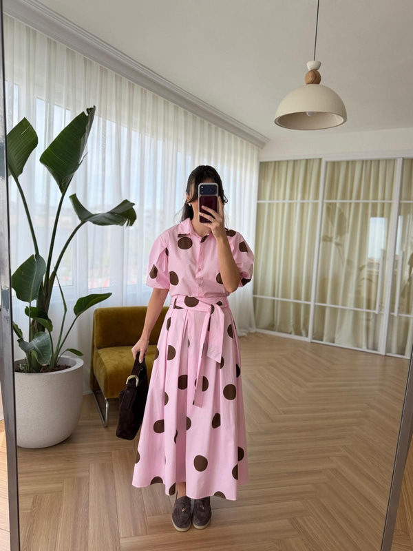 Puantiyeli Pembe Etek-Gömlek Takım