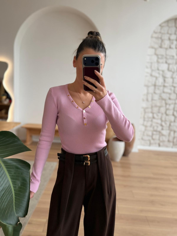 V Yaka Çıtçıtlı Pembe Triko