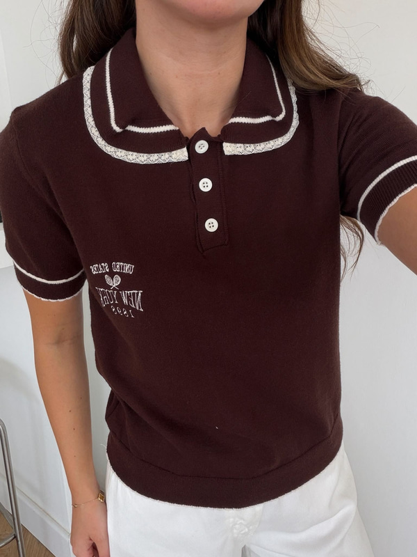 Yakası Dantel Detaylı Polo Yaka Triko-Kahverengi