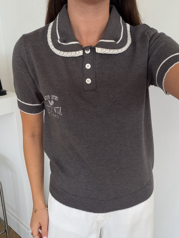 Yakası Dantel Detaylı Polo Yaka Triko-Gri