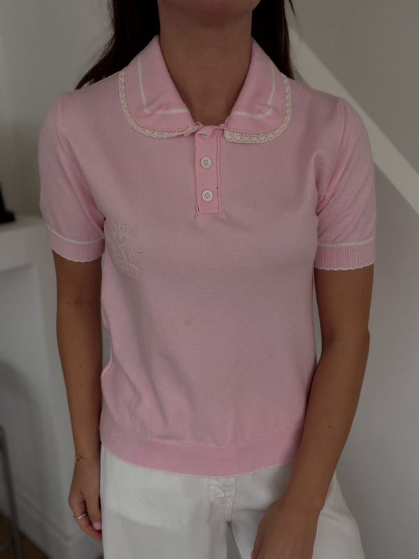 Yakası Dantel Detaylı Polo Yaka Triko-Pembe