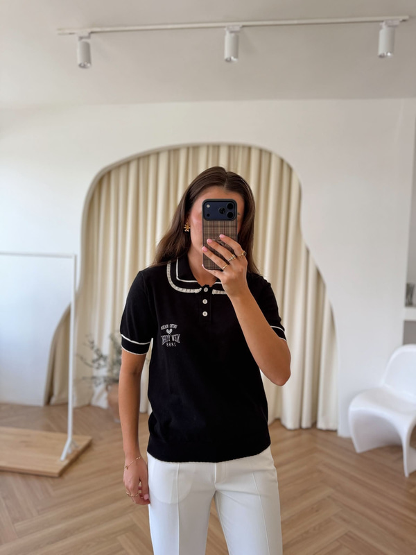 Yakası Dantel Detaylı Polo Yaka Triko-Siyah