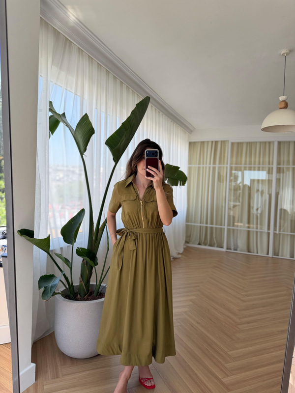 Yeşil Kısa Kollu Midi Elbise