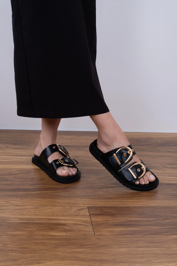 Ganie Model İki Kemerli Terlik Siyah