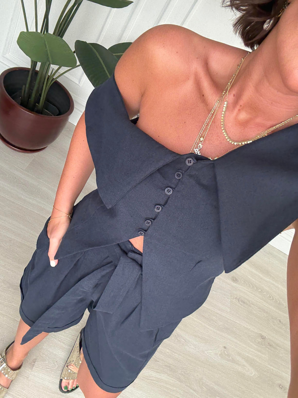 Omuz Dekolteli Lacivert Tasarım Keten Takım