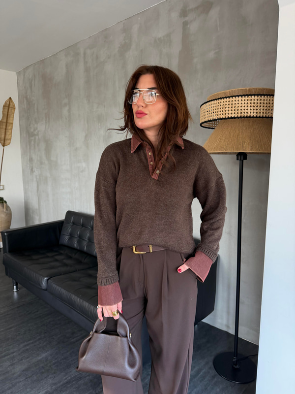 Yakası Kot Detaylı , Acı Kahve Triko