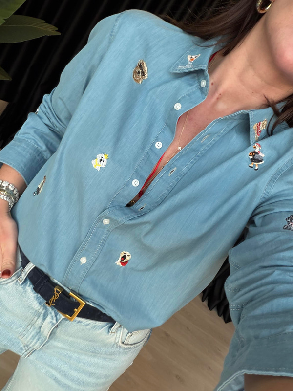 Orijinal Marka Hayvan Motif İşlemeli Tencel Jean Gömlek