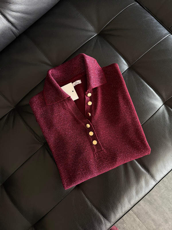 Gold Düğmeli , Bisiklet Yaka , Parıltı Bordo Triko