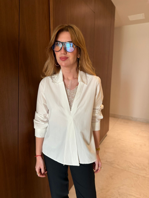 Tüle Taş İşlemeli , Beyaz Poplin Gömlek