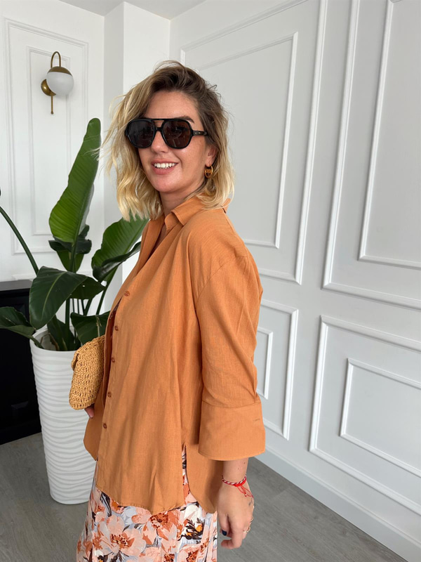 %100 Cotton, Somon Rengi Oversize Gömlek