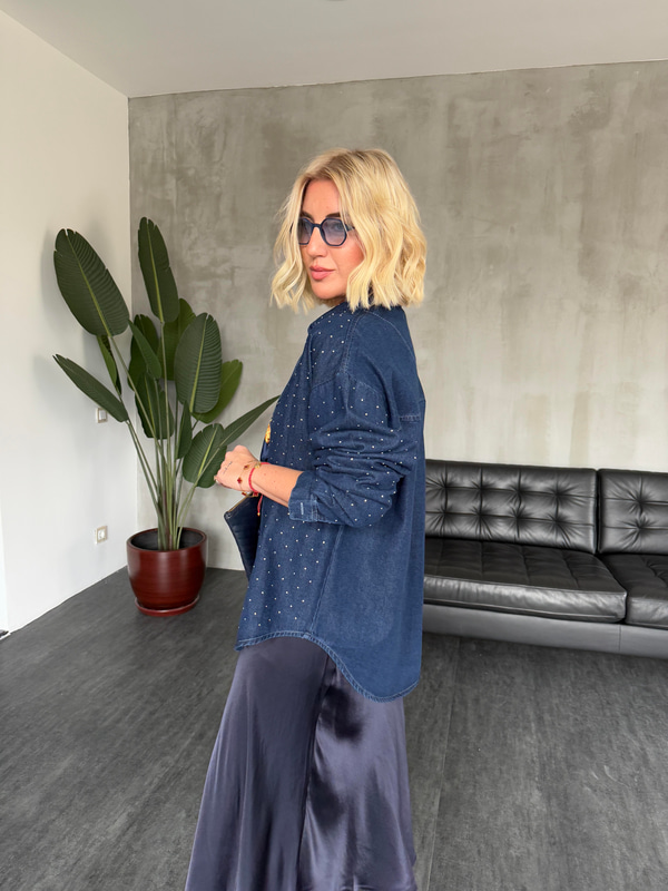 Tencel Dokuda , Lacivert , Taşlı Jean Gömlek