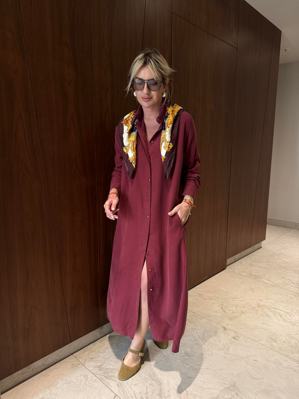 Kemerli , Tencel Modal , Bordo , Gömlek Elbise