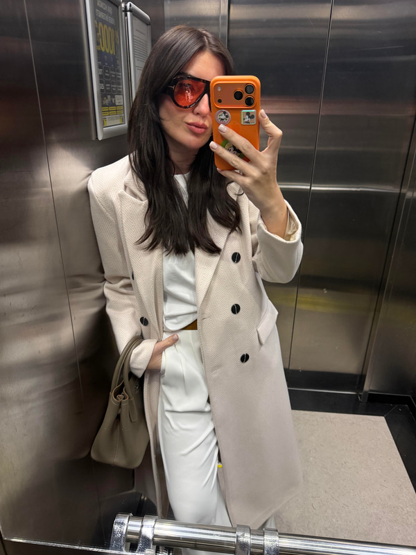 Ekru & Beyaz Balık Sırtı , Uzun Kaşe Kaban