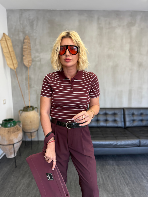 Bordo , Polo Yaka , Çizgili T-shirt