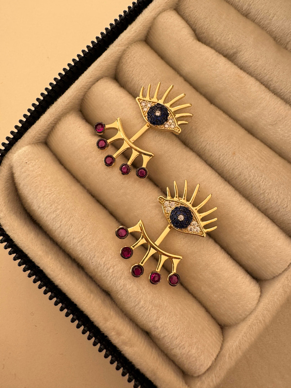 Bordo Zirkon Taç Sarkıtlı , Göz Küpe
