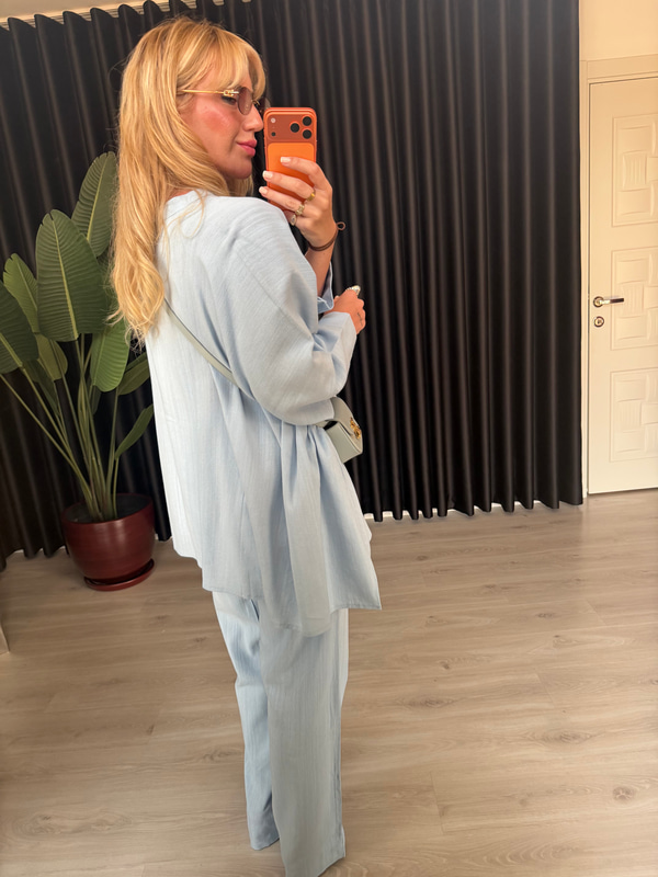 %100 Cotton Önden Düğmeli Gömlek, Beli Lastikli Pantalon Takım