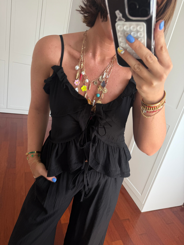 Önden Bağlamalı , Fırfırlı , Siyah , Bluz & Pantolon Takım