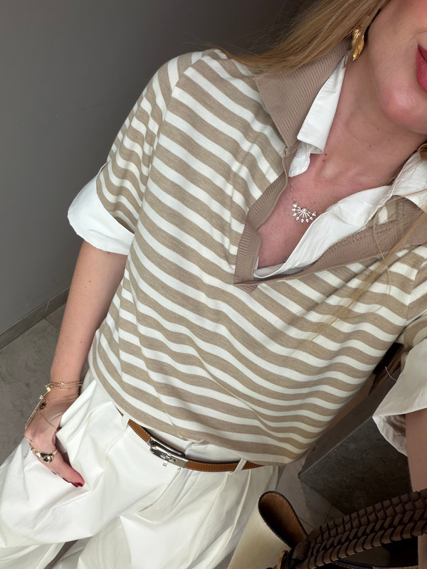 Bej Çizgili, Poplin Detaylı Polo Yaka Modal Bluz