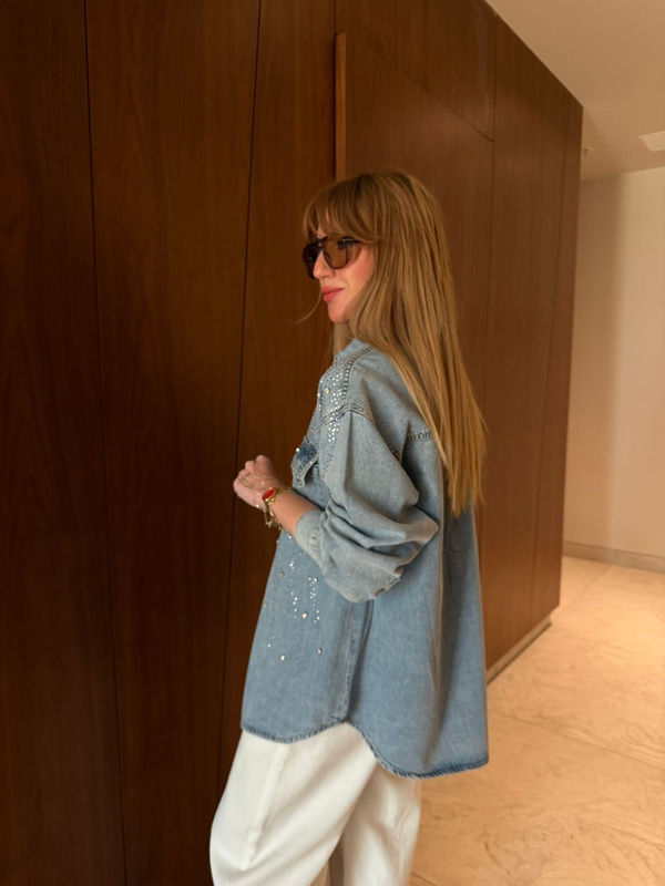 Zirkon Taşlı , Mavi , Jean Gömlek