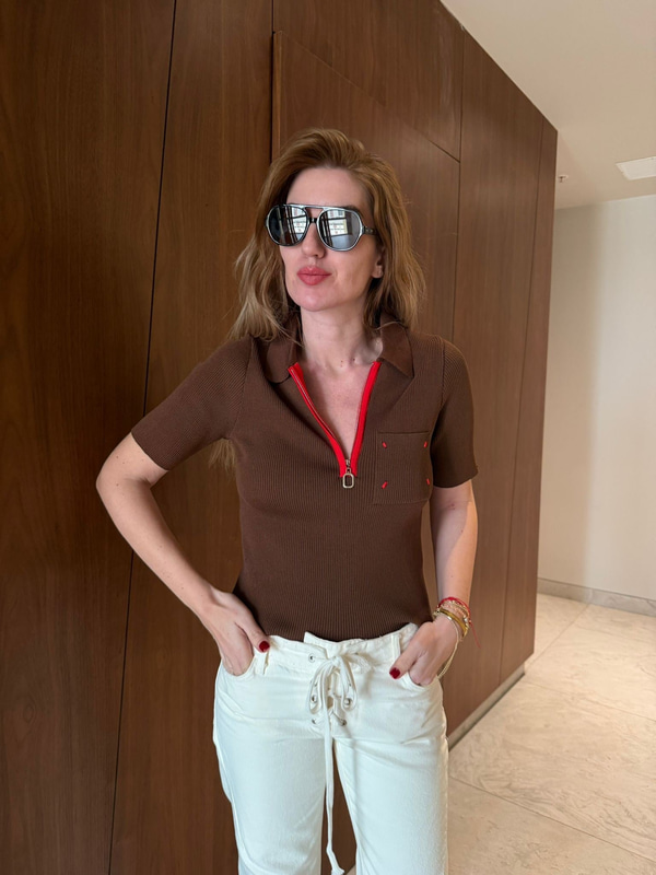 Polo Yaka , Fermuarlı , Premium Acıkahve Triko