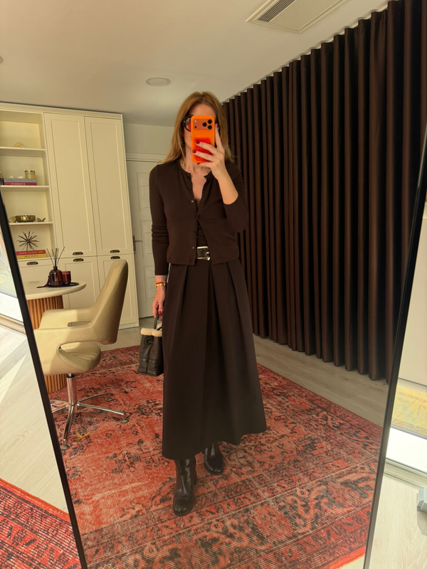 Acıkahve Deri Kemerli Premium Etek