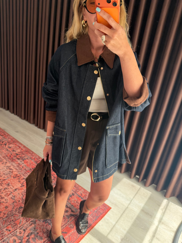 %100 Cotton İçi EKose Astarlı Kadife Yaka Jean Ceket 
