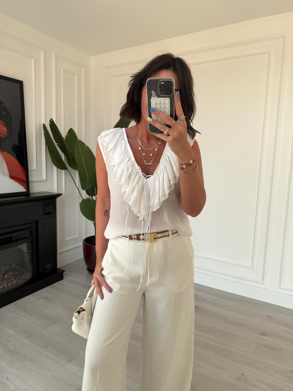Fırfır Detaylı , Premium Seri , Beyaz , Kolsuz Bluz