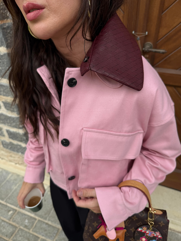 Orijinal Model , Bordo Deri Yakalı, Pembe Ceket
