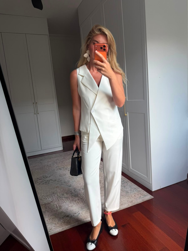 Asimetrik Kesim , Yelek & Pantolon , Premium Beyaz Takım