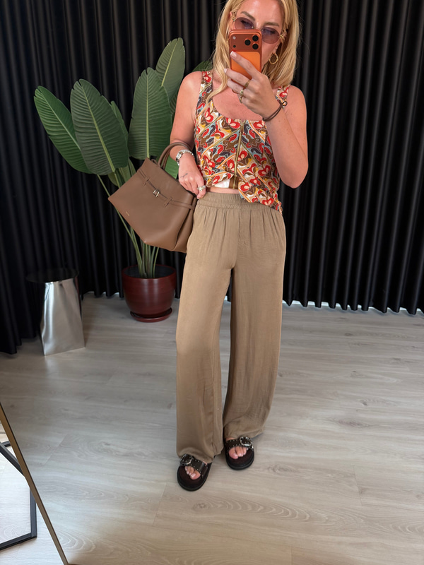 Beli Komple Lastikli Vizon Tencel Palazzo Pantalon