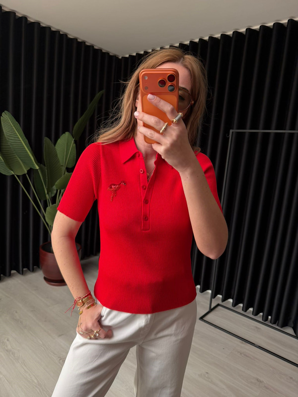 Polo Yaka , Payet İşlemeli , Kırmızı Merserize