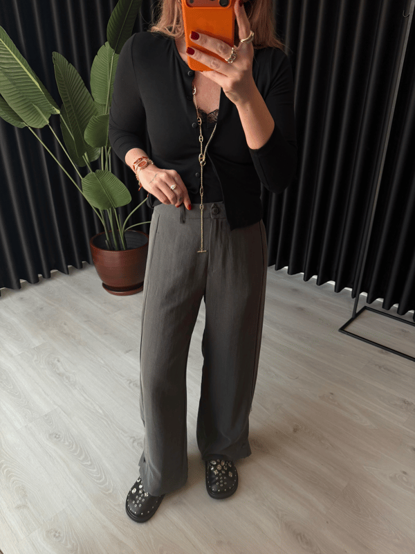 Antrasit Premium Tok Tencel Kumaş, Paçası Düğme Detaylı Pantalon 