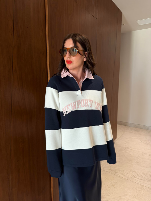 Lacivert Beyaz Çizgili , Polo Yaka Sweatshirt
