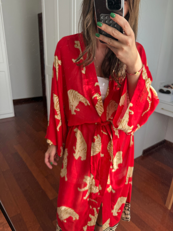 %100 Pamuk , Kaplan Desenli , Kırmızı Kimono
