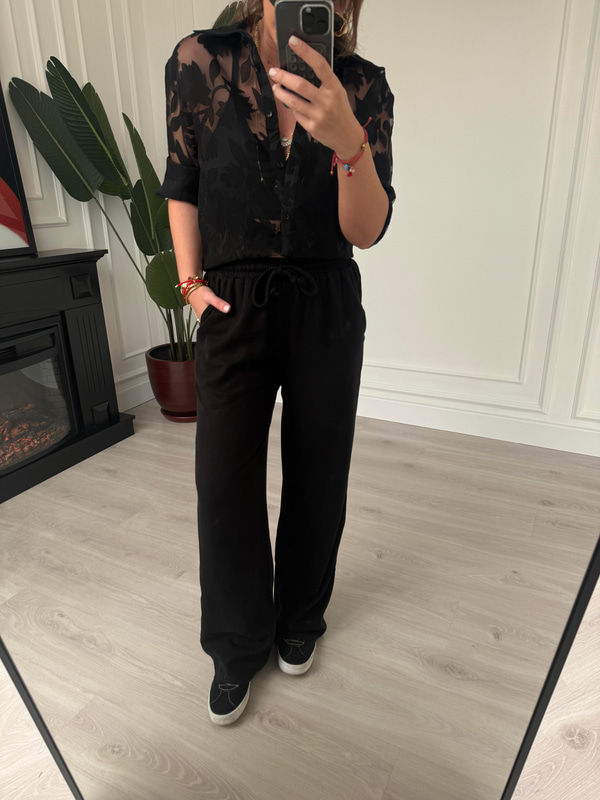 Siyah, Beli Lastikli, Gabardin Tencel Premium Palazzo Pantolon