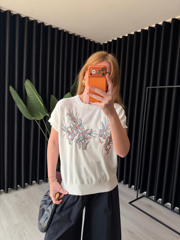 Pul Payet İşlemeli , Ekru Merserize Triko