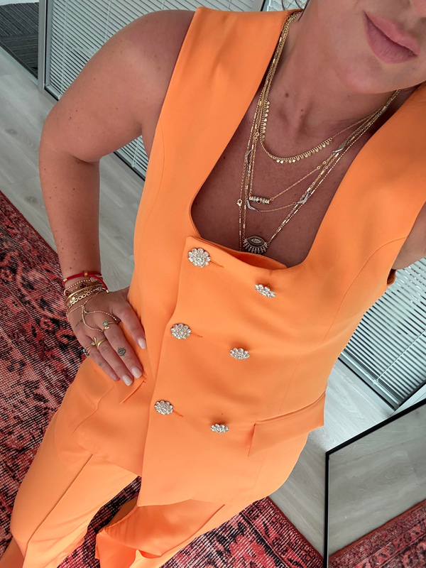 Taş Düğmeli, Orange Yelek & Pantalon Takım
