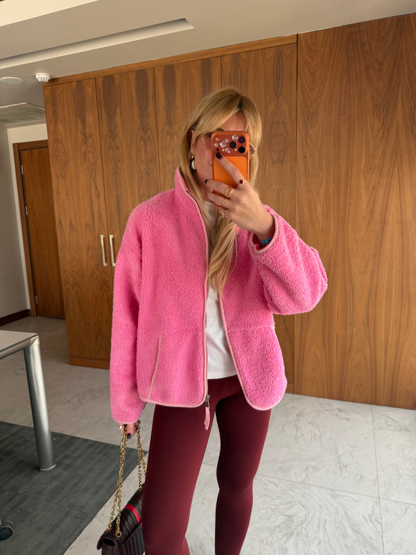 Önden Fermuarlı Dik Yaka Pembe Teddy Mont