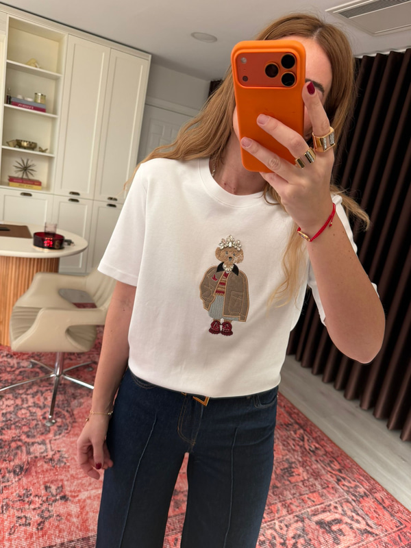 Orijinal Marka , Ayıcık Ve Taş İşlemeli , Beyaz T-shirt